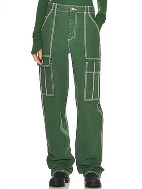 Helsa Green Contrast-Stitch Cargo Pants